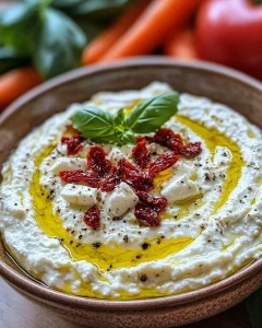 Feta-Knoblauch-Aufstrich mit sonnengetrockneten Tomaten in einer Schüssel