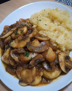 Gebackene Leber mit Zwiebeln und Champignons in cremiger Soße serviert mit Püree.
