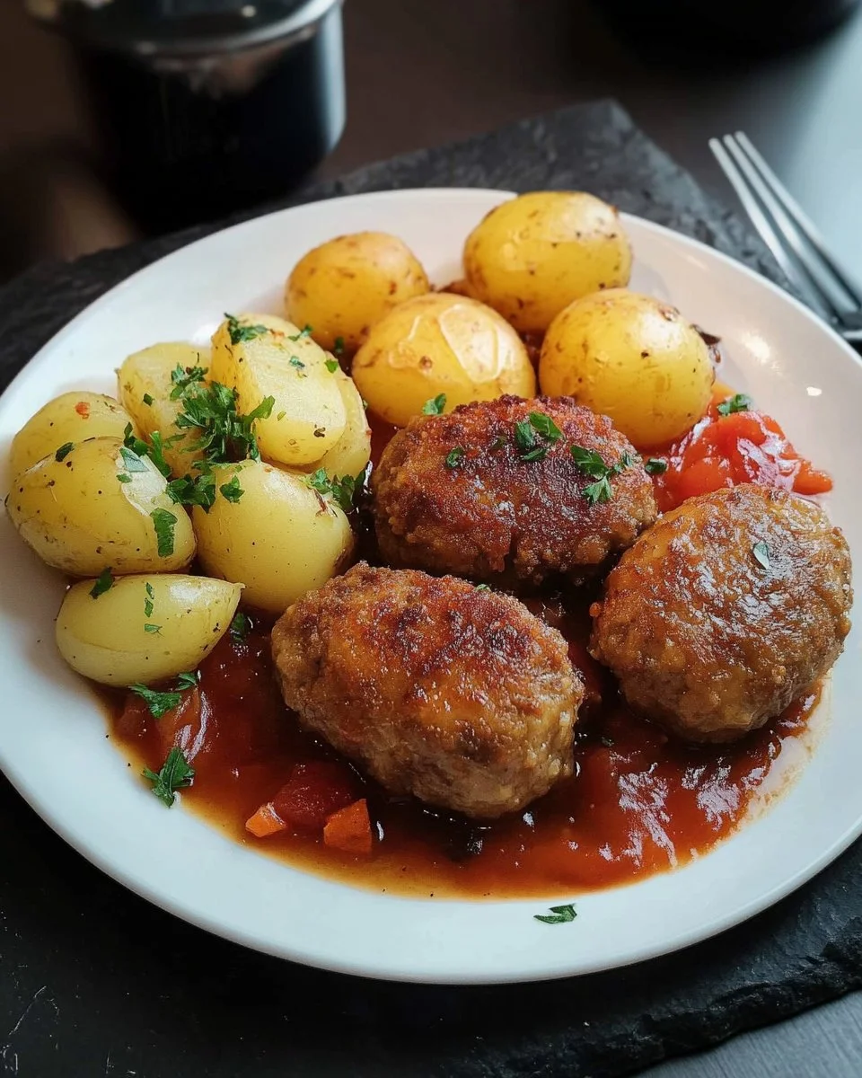 Frikadellen mit Kartoffeln, Erbsen und Möhren auf einem Teller angerichtet.