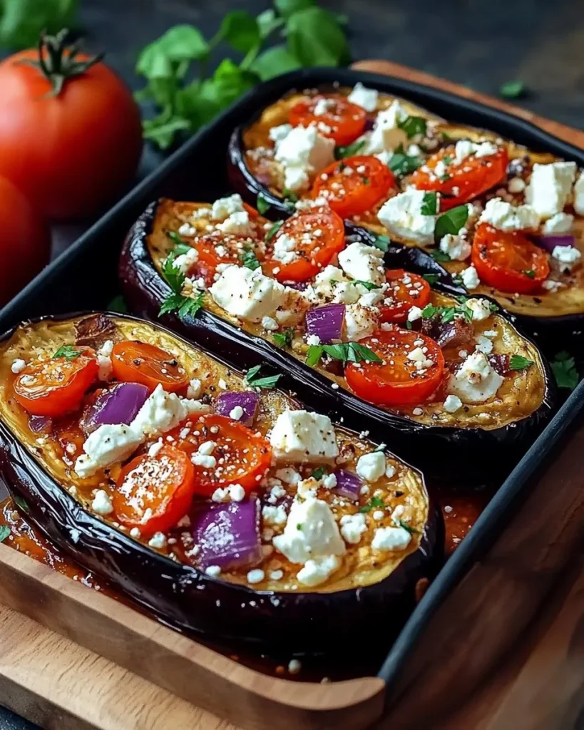 Gebackene Auberginen mit Feta und frischen Tomaten auf einem Teller.