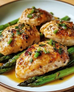 Gefüllte Hähnchenbrust mit Spargel auf einem Teller serviert.