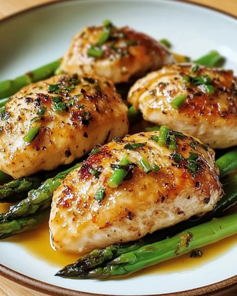 Gefüllte Hähnchenbrust mit Spargel auf einem Teller serviert.