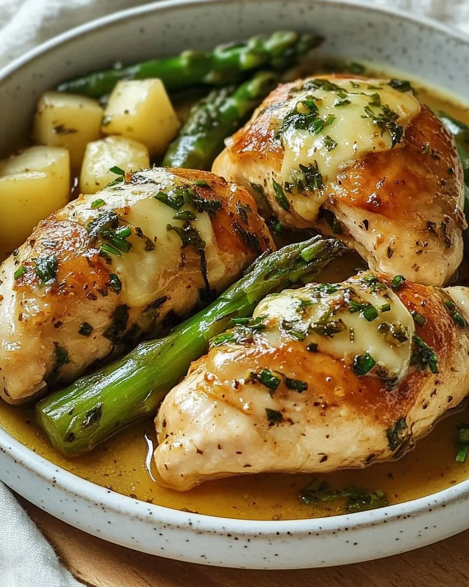 Gefüllte Hähnchenbrust mit Spargel auf einem Teller serviert