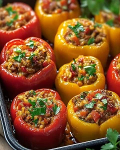 Gefüllte Paprika mit Hackfleisch und Reis, serviert auf einem Teller