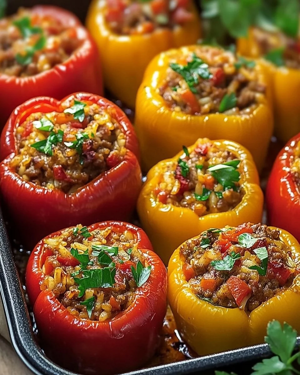 Gefüllte Paprika mit Hackfleisch und Reis, serviert auf einem Teller