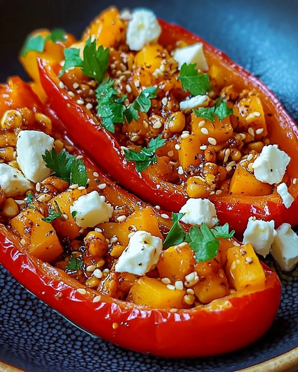 Gefüllte Spitzpaprika mit roten Linsen und Feta auf einem Teller