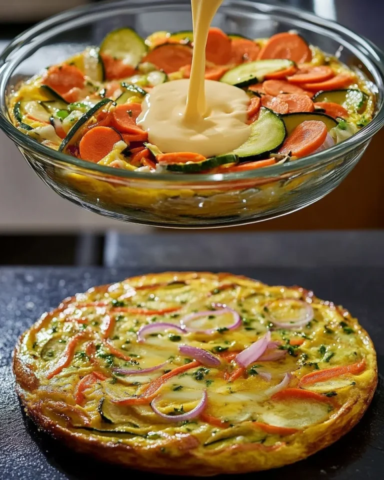 Gemüseläbchen aus Karotte, Zucchini und Zwiebel auf einem Teller serviert.