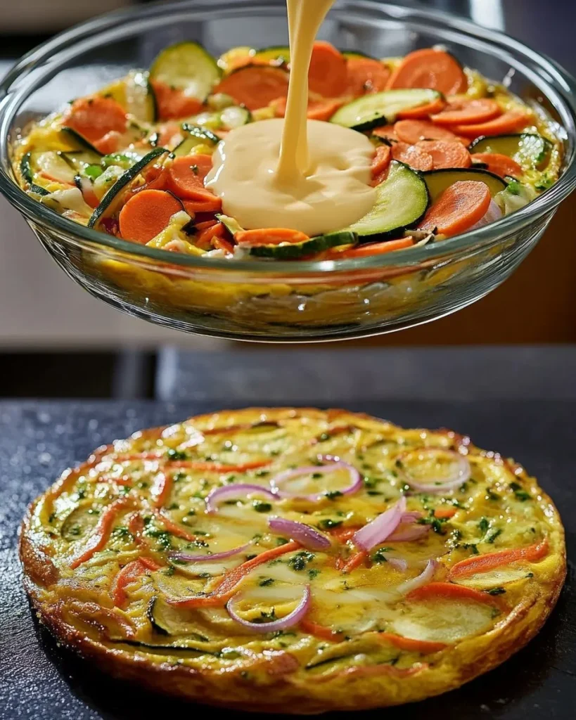 Gemüseläbchen aus Karotte, Zucchini und Zwiebel auf einem Teller serviert.