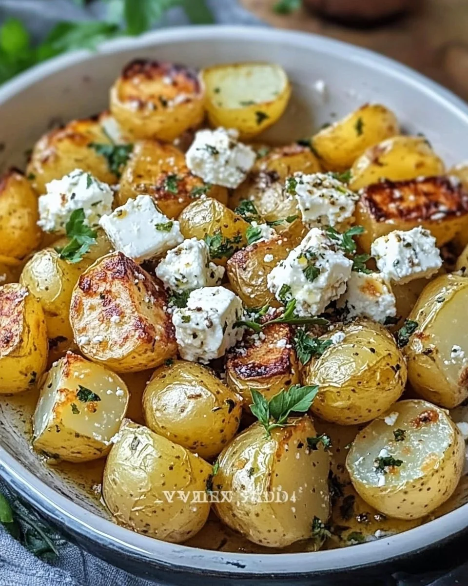 Geröstete Kartoffeln mit gebackenem Feta und Knoblauch auf einem Teller