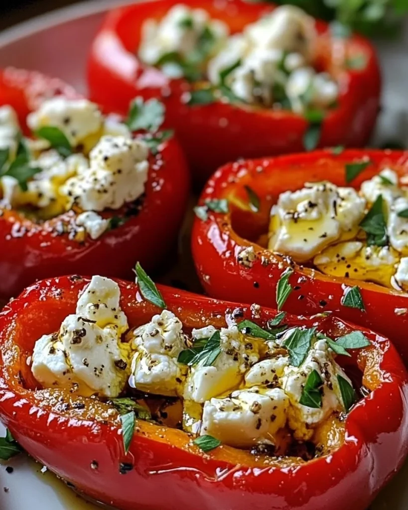 Geröstete Paprika mit Feta und Knoblauchöl auf einem Teller angerichtet.