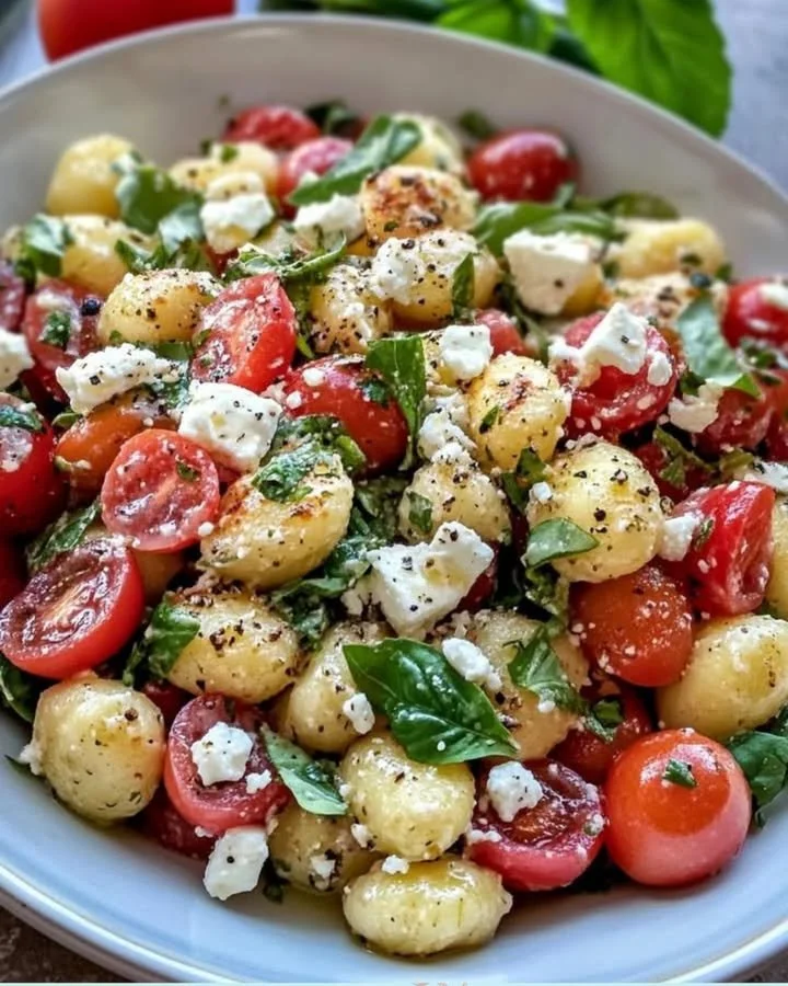 Gnocchi-Salat mit Feta und Tomaten auf einem Teller angerichtet