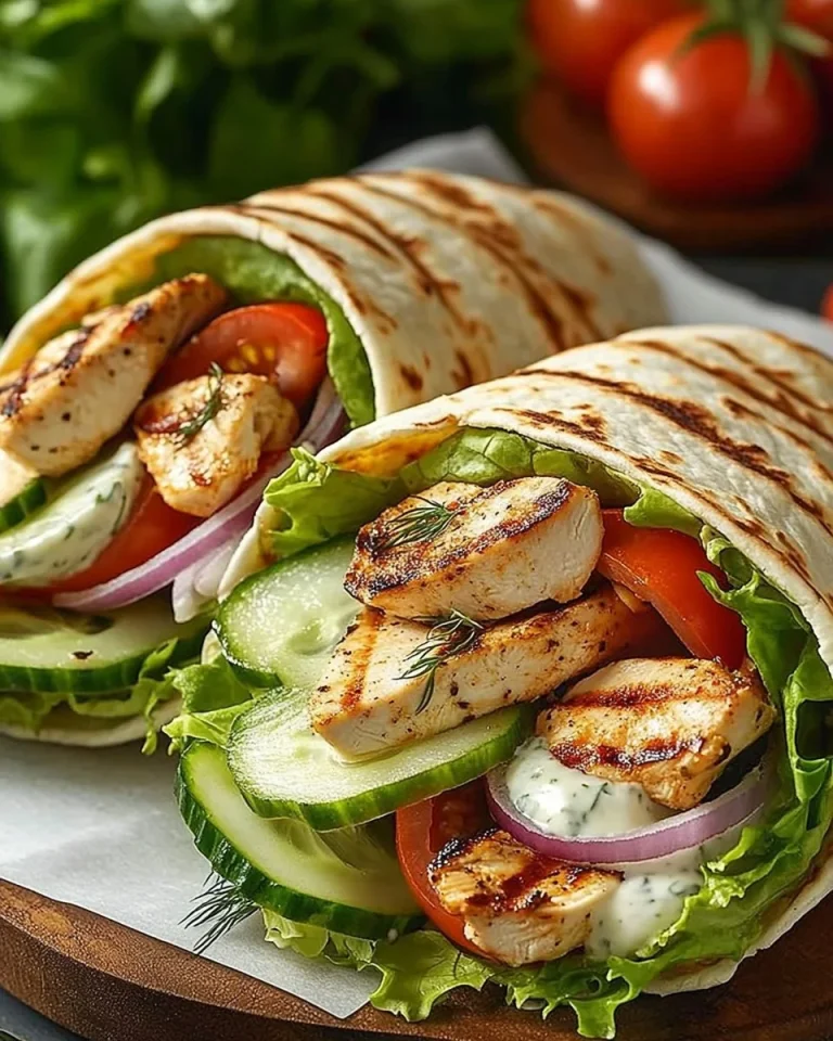 Griechische Hähnchen-Pitas mit Tzatziki und Feta auf einem Teller serviert.