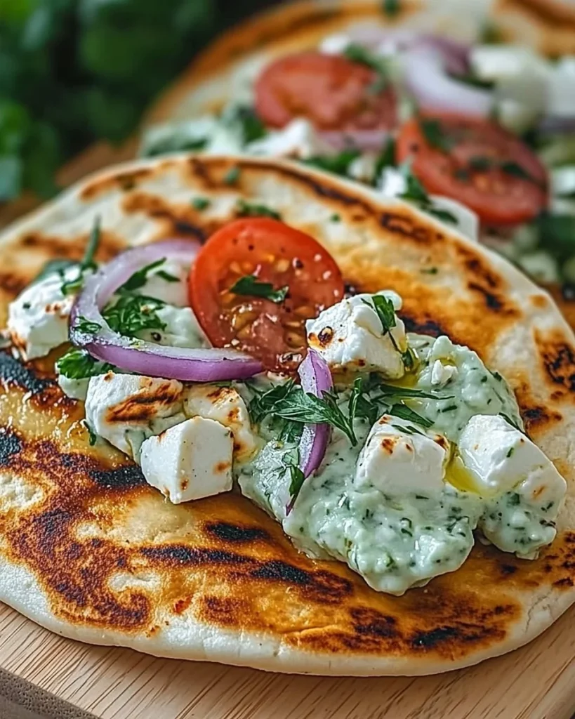 Griechische Hähnchen-Pitas mit Tzatziki und Feta auf einem Teller serviert