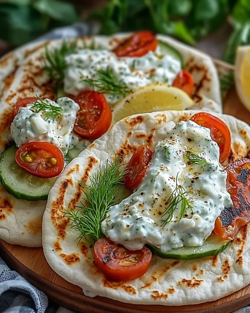 Griechische Hähnchen-Pitas mit Tzatziki und Feta auf einem Teller