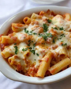 Leckerer Gyros-Nudelauflauf in cremiger Metaxasoße serviert auf einem Teller