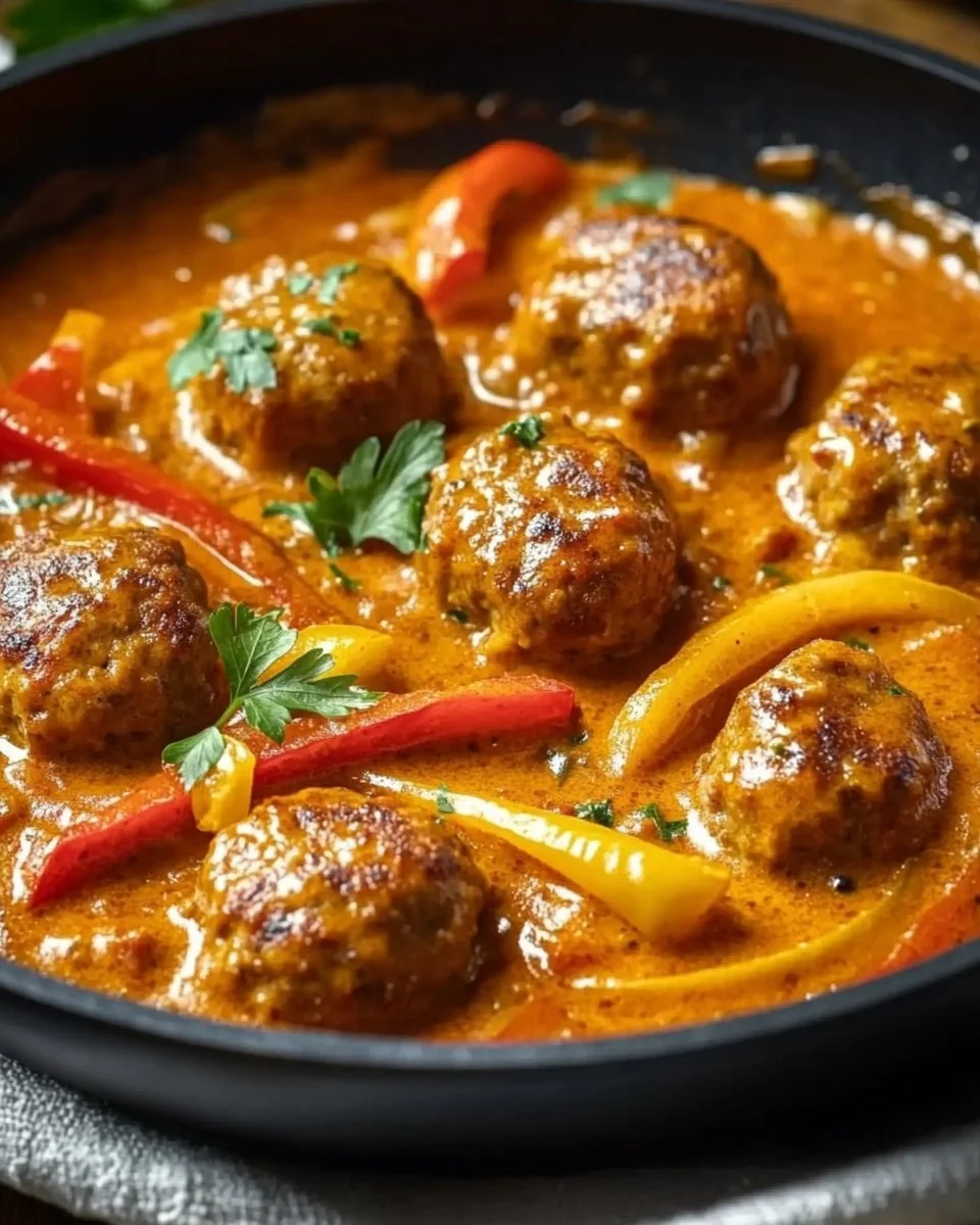 Hackbällchen in cremiger Paprikasoße auf einem Teller serviert