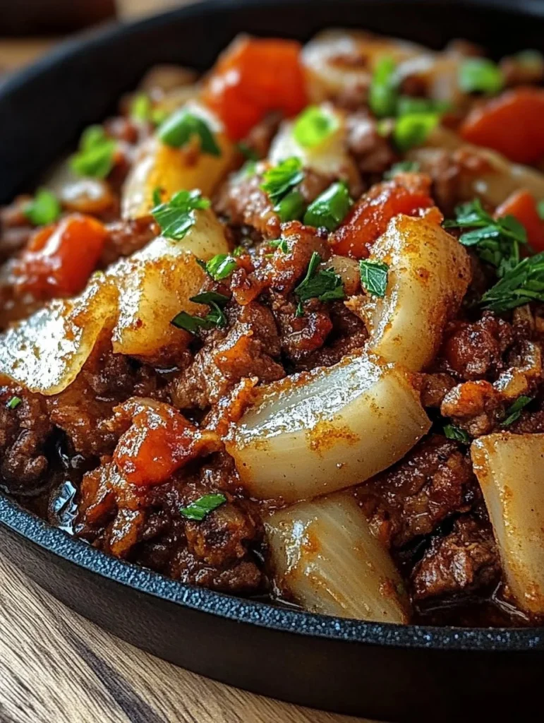 Hackbraten-Pfanne mit Paprika auf einem Teller serviert