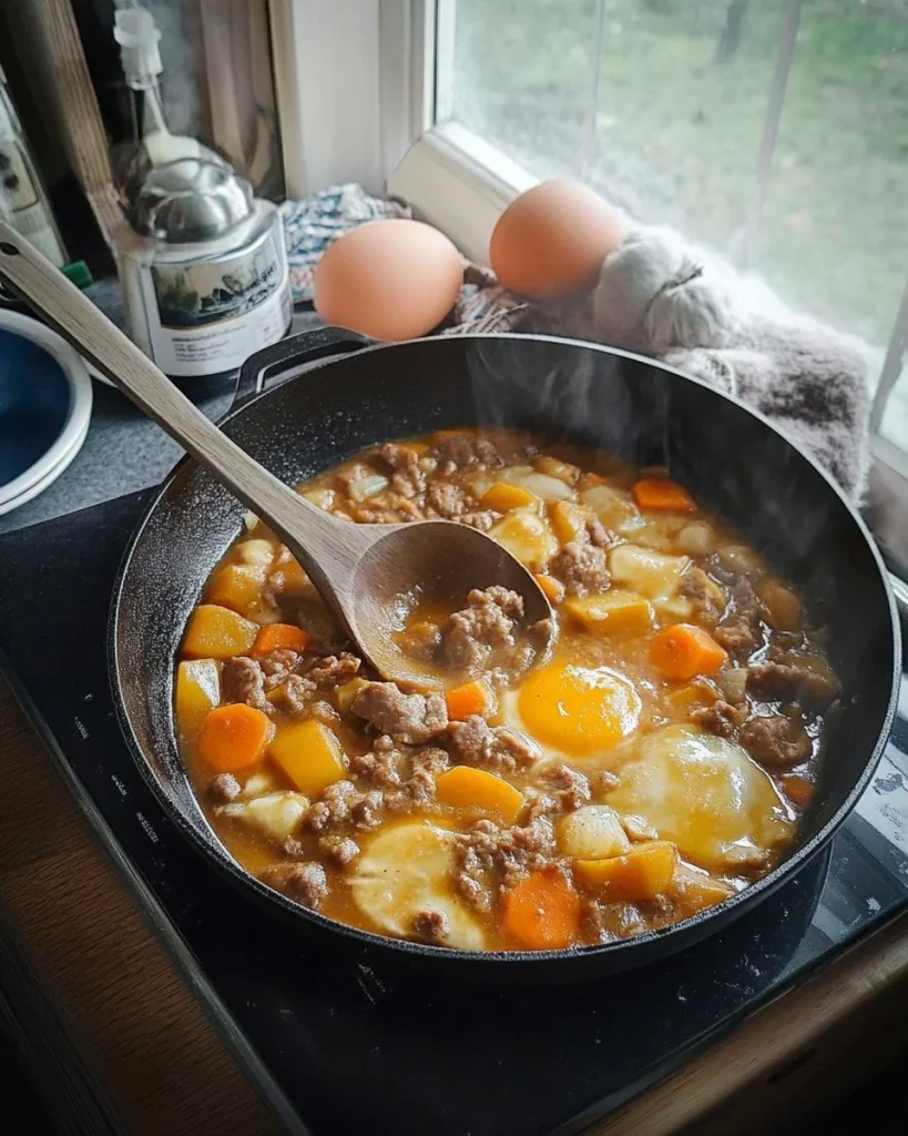 Leckere Hackfleischpfanne mit Gemüse und Gewürzen auf einem Tisch serviert.