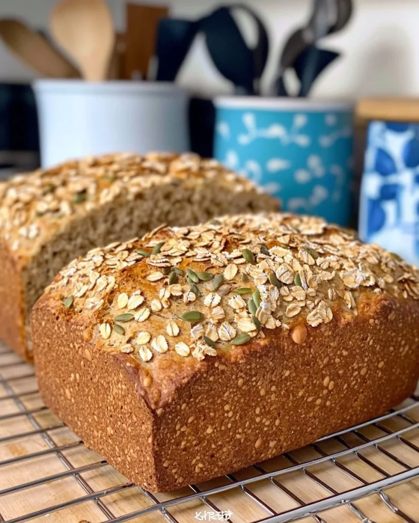 Frisches Haferflocken-Kürbiskern-Brot auf einem rustikalen Holztisch