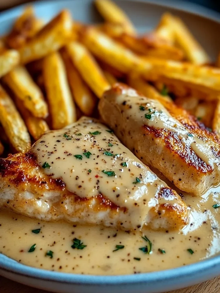 Hähnchenfilet in cremiger Knoblauch-Parmesan-Sauce mit Pommes Frites serviert
