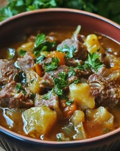 Schüssel mit herzhaftem Wirsing-Hackfleisch-Eintopf, garnierte mit frischen Kräutern.