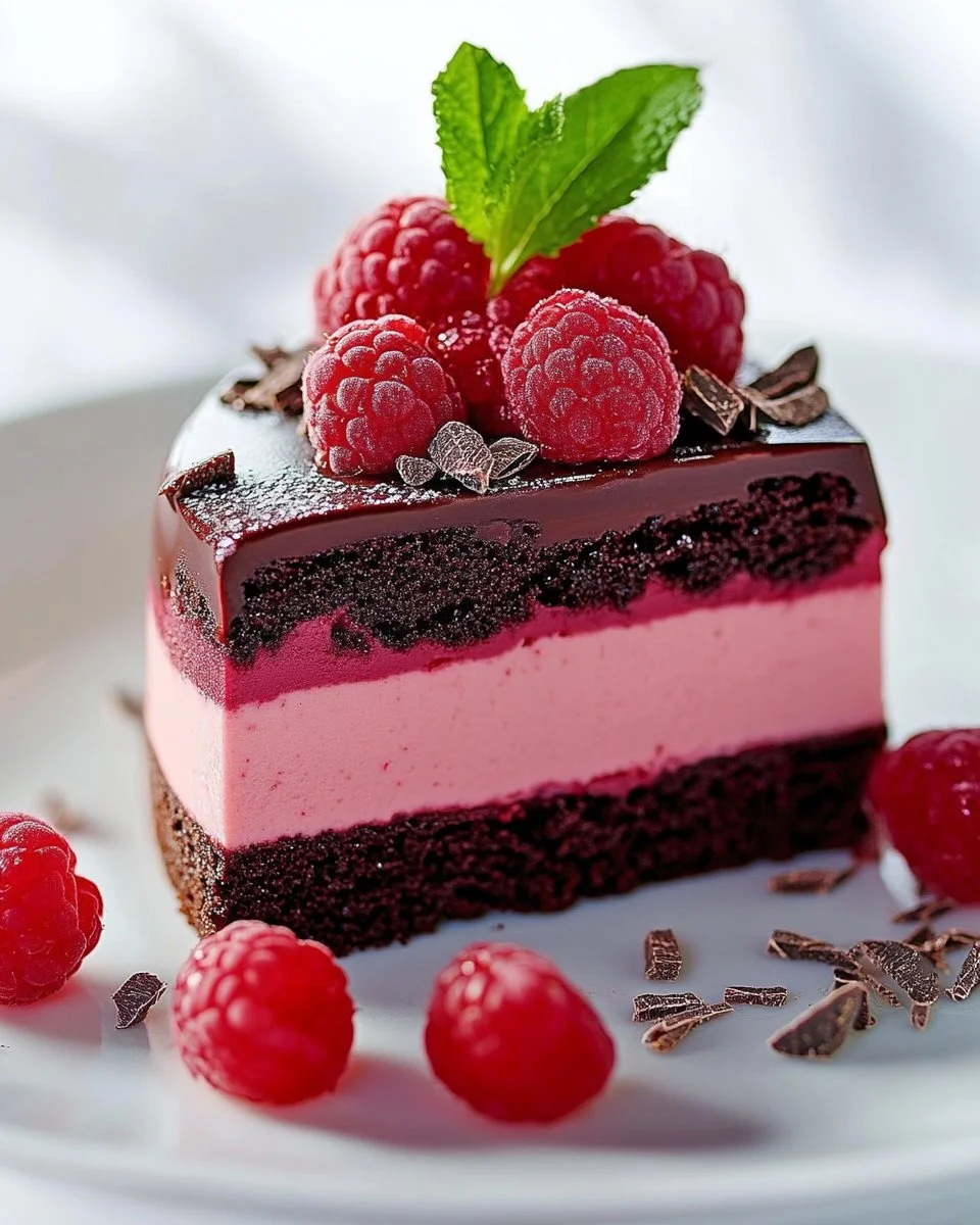 Himbeer-Schokotorte mit Schokolade und frischen Himbeeren dekoriert.