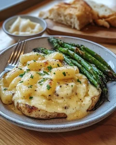 Honig-Senf-Hähnchen serviert mit geröstetem Spargel und Käse auf einem Teller.