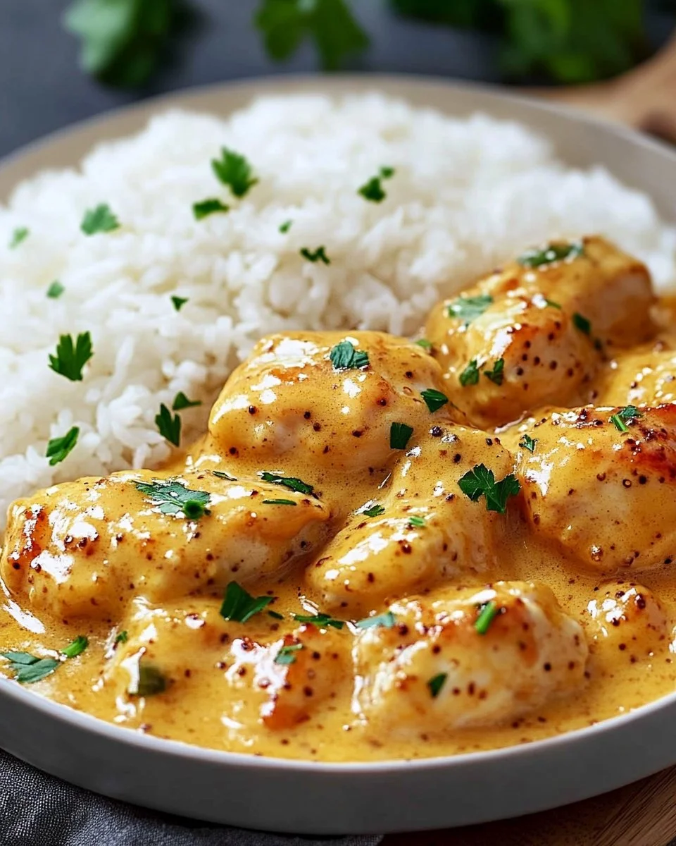 Honig-Senf-Hähnchen mit Reis auf einem Teller serviert