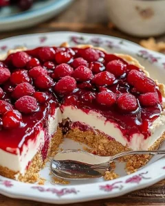 Kalte Kirschtorte mit knusprigem Keksboden auf einem weißen Teller serviert.