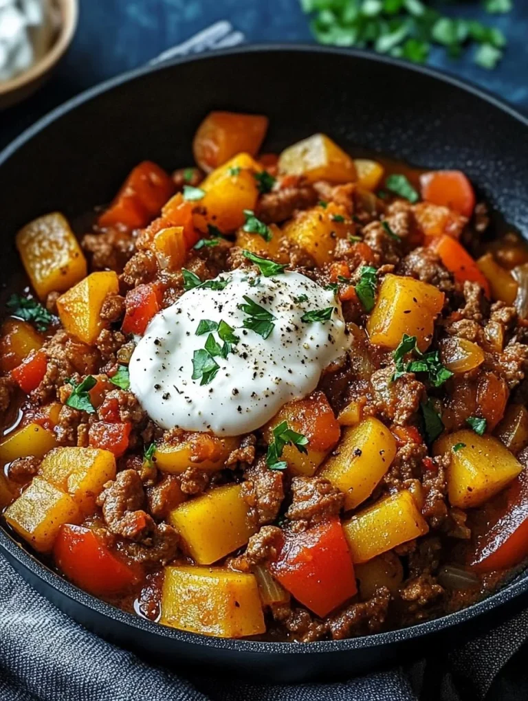 Leckere Kartoffel-Paprika-Pfanne mit Hackfleisch und Crème Fraîche auf einem Teller.
