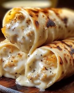 Käse-Knoblauch-Hähnchen-Wraps auf einem Holzbrett serviert