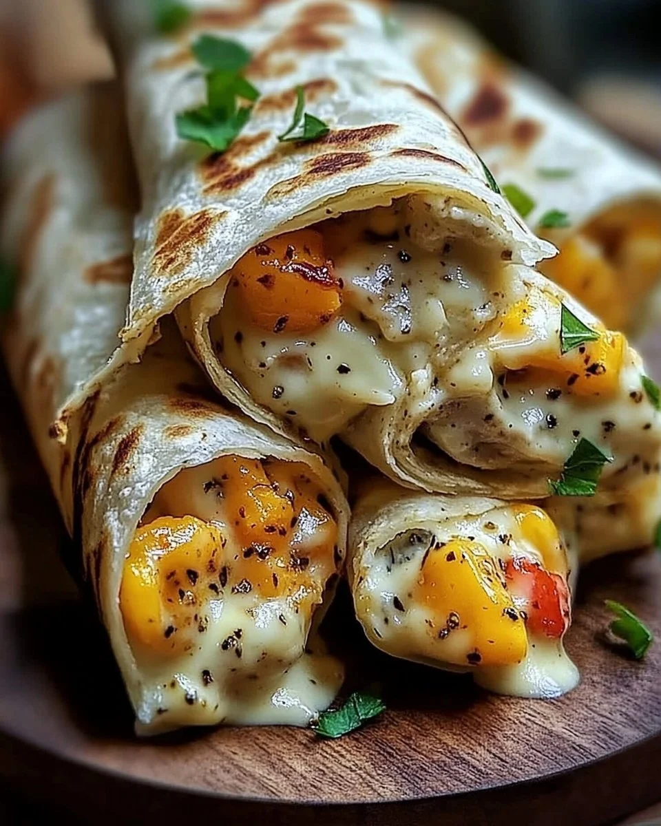 Käse-Knoblauch-Hähnchen-Wraps auf einem rustikalen Holzbrett serviert