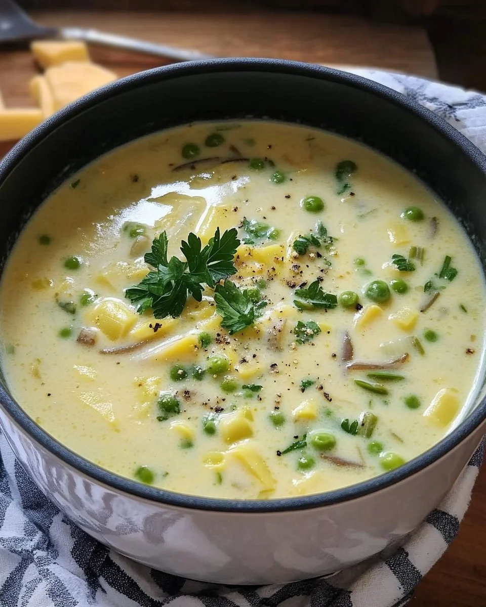 Schale Käse-Lauch-Suppe mit frisch gehacktem Lauch und Käse