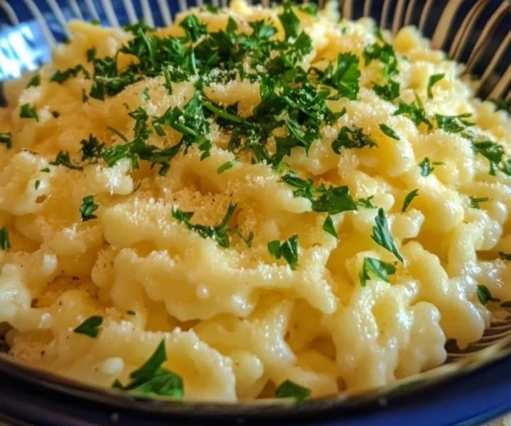 Delikate Käse-Spätzle mit Käse überbacken, serviert auf einem Teller.
