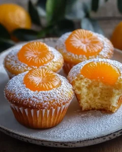 Käsekuchen-Muffins mit Mandarinen auf einem Teller serviert.