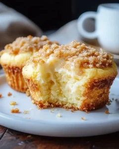Leckere Käsekuchen-Muffins mit Streuseln auf einem hübschen Teller.
