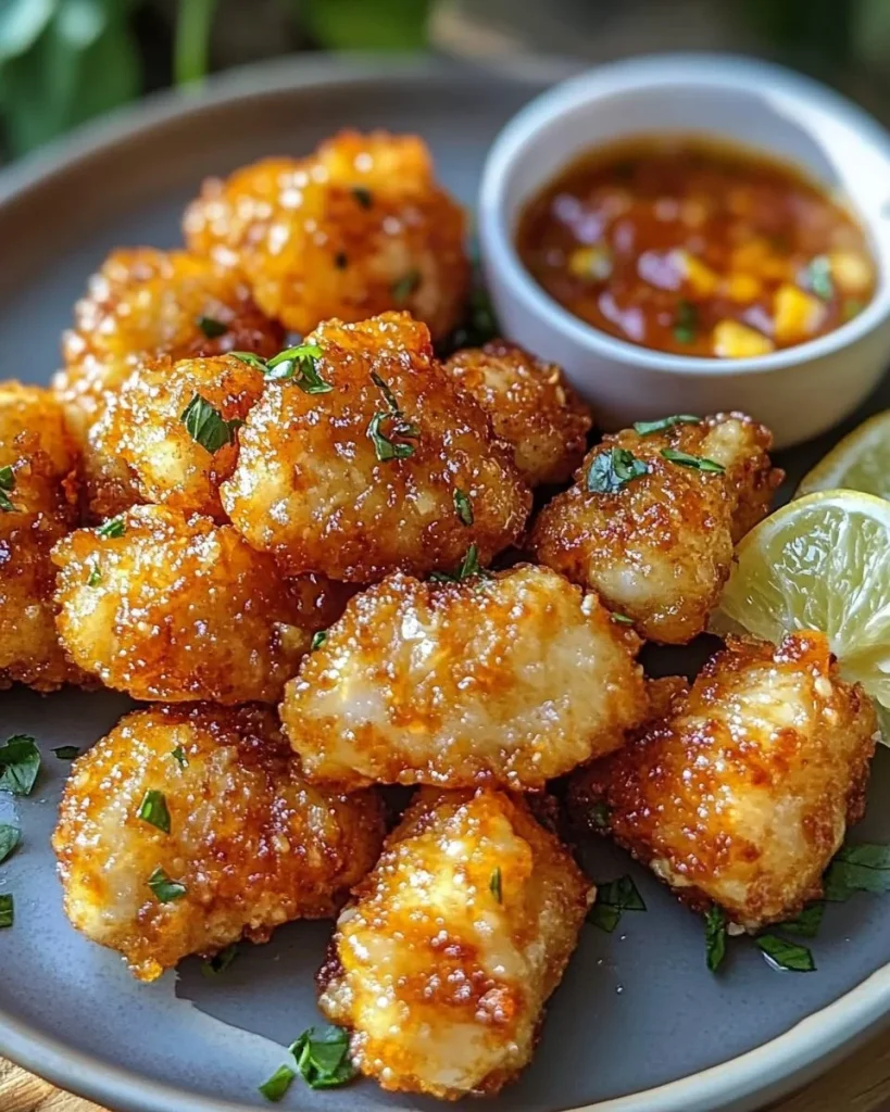 Kibbeling mit Joppie-Sauce auf einem Teller serviert