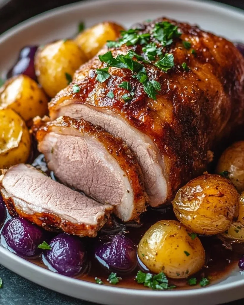 Klassischer deutscher Schweinebraten mit Beilagen auf einem Teller