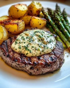 Knoblauch-Parmesan-Creme-Steak mit neuen Kartoffeln und Spargel auf einem Teller