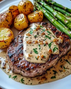 Knoblauch-Parmesan-Creme-Steak mit neuen Kartoffeln und Spargel auf einem Teller