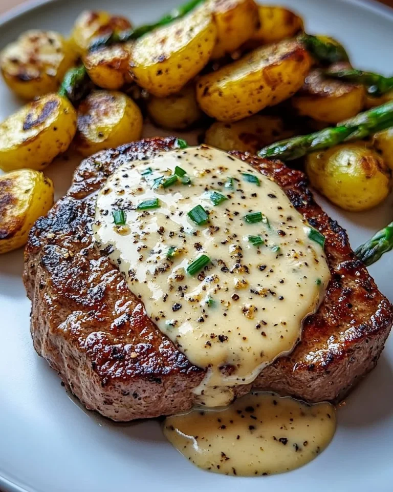 Knoblauch-Parmesan-Creme-Steak mit gerösteten neuen Kartoffeln und Spargel
