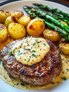 Knoblauch-Parmesan-Creme-Steak mit gerösteten neuen Kartoffeln und Spargel