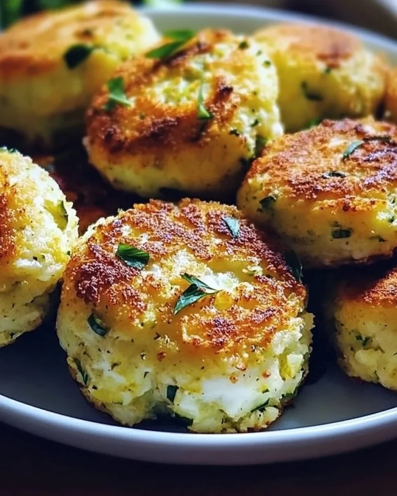 Knusprige Zucchini-Feta-Bällchen auf einem Teller serviert.