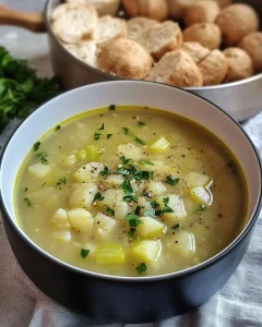 Kohlrabisuppe in einer weißen Schüssel garniert mit frischen Kräutern