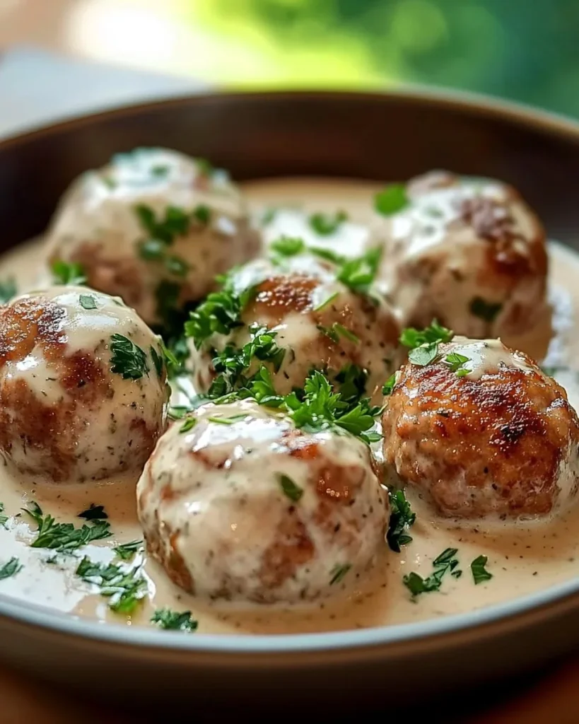 Königsberger Klopse mit Kapernsauce auf einem Teller serviert