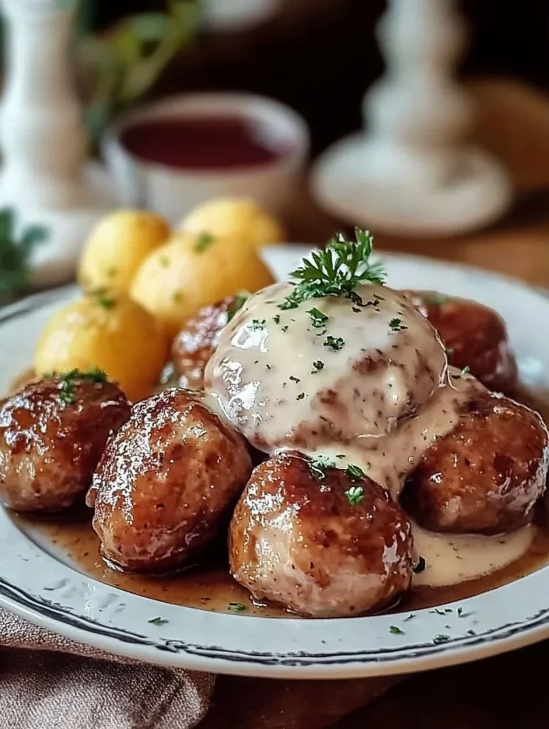 Königsberger Klopse mit Kapernsauce auf einem Teller serviert
