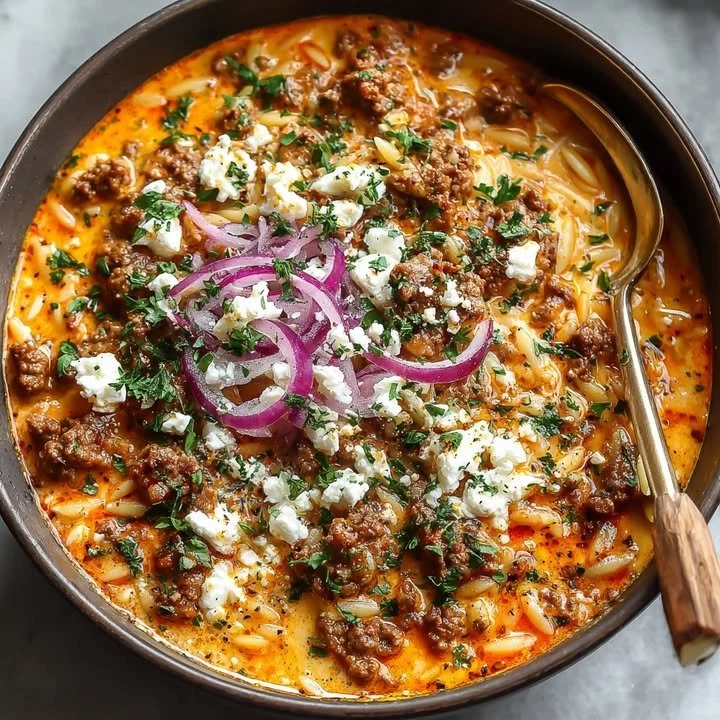 Kritharaki-Hackfleischpfanne mit Feta in einer Pfanne serviert.