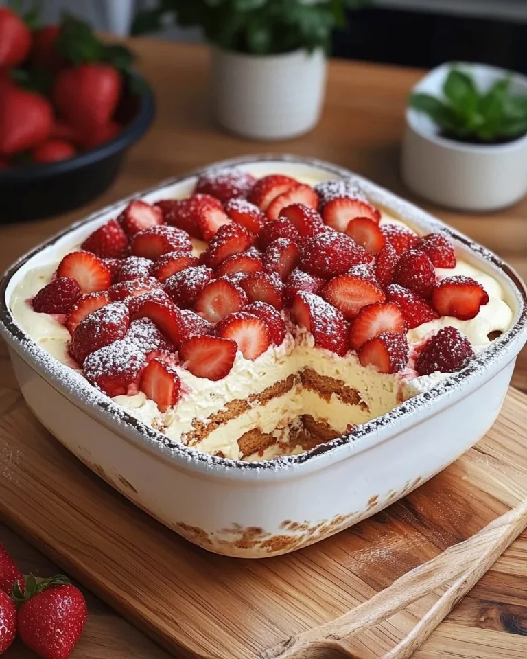 Leckeres Sommer-Tiramisu mit frischen Erdbeeren auf einem Teller