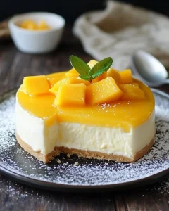 Mango-Cheesecake ohne Backen auf einem Teller, dekoriert mit frischen Mangos.