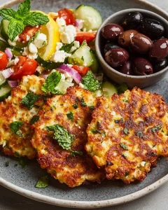 Mediterrane Kartoffel-Feta-Fritters mit frischem Gurkensalat auf einem Teller